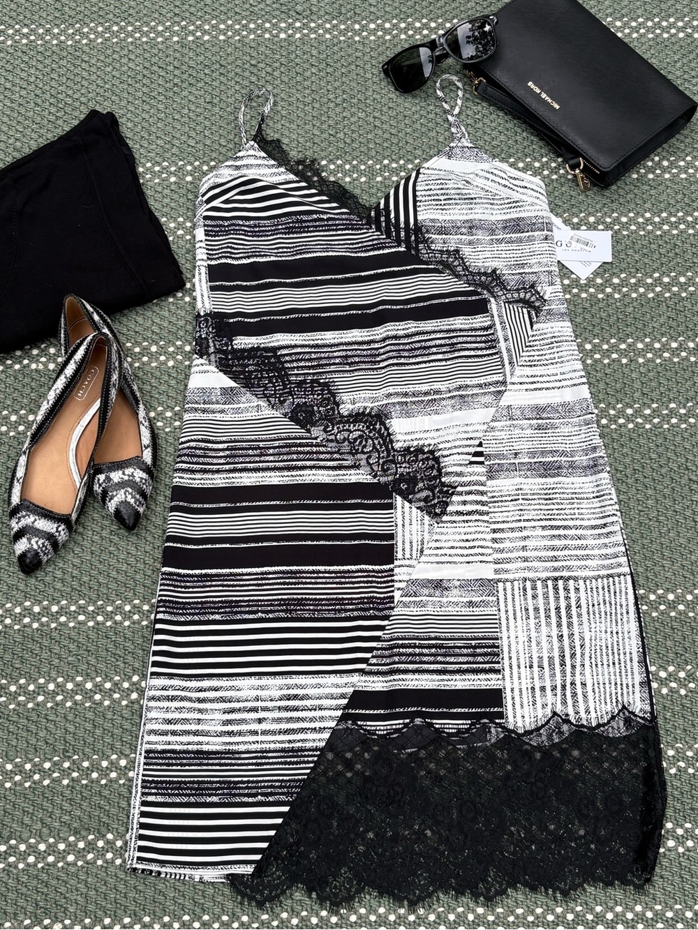 NWT Guess Black & White Striped Lace Trim Slip Dress - Women